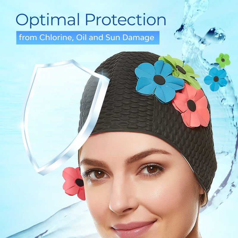 Beemo Latex Swimming Cap for Women, Swim Cap for Long Hair or Short Hair, Bath & Swim Caps to Shield Hair from Damage, Use as Large Shower Cap, Black Swimming Cap with Pink, Green & Blue Flowers - Image 5